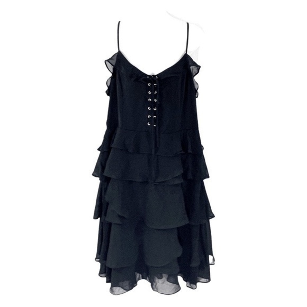 City Chic black ruffled tiered lace up chiffon dress XS 14 B25